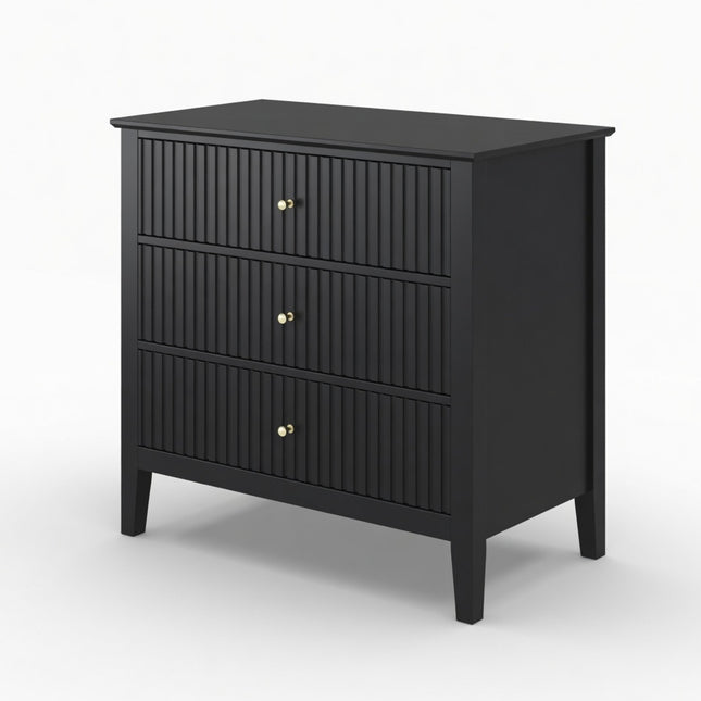 32' Wide Black Fluted 3-Drawer Nightstand, Large Modern Bedroom End Table with Premium MDF Construction and Soft-Close Slides