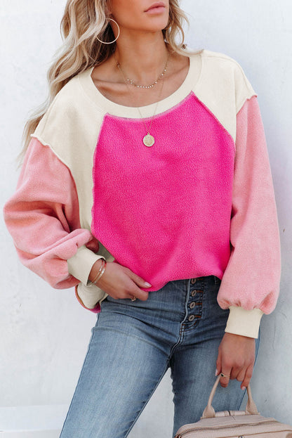 Rosy Colorblock Patchwork Plush Pullover Sweatshirt