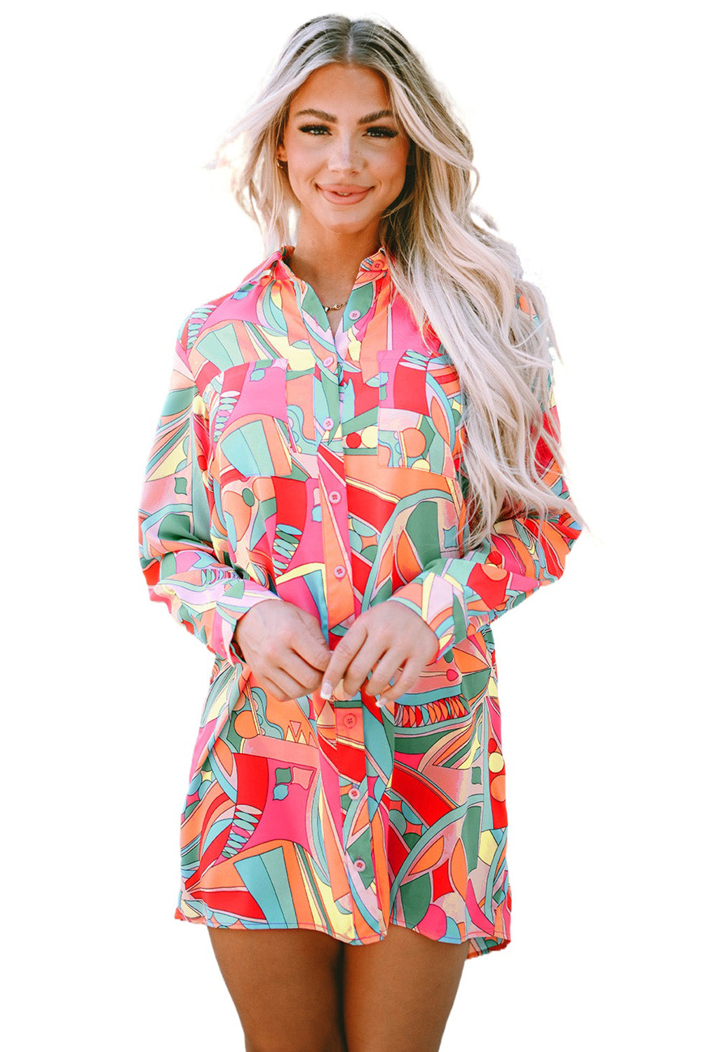 Multicolor Abstract Print Long Sleeve Shirt Dress - Eloy Royal