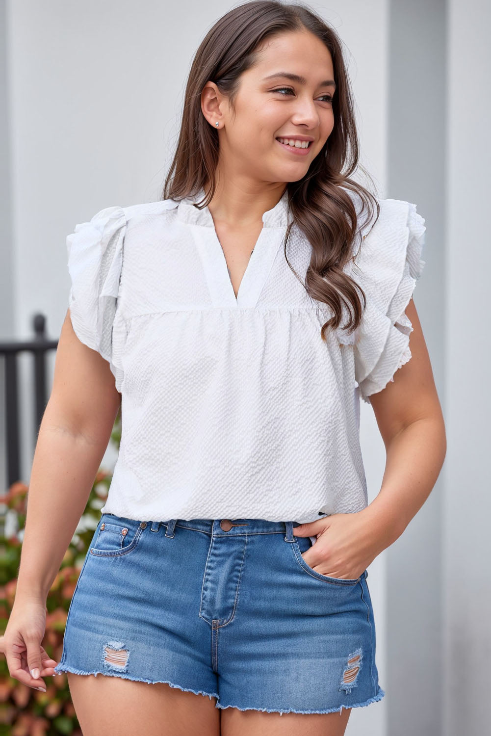 White Textured Ruffle Flutter Sleeve Plus Size Blouse - Eloy Royal