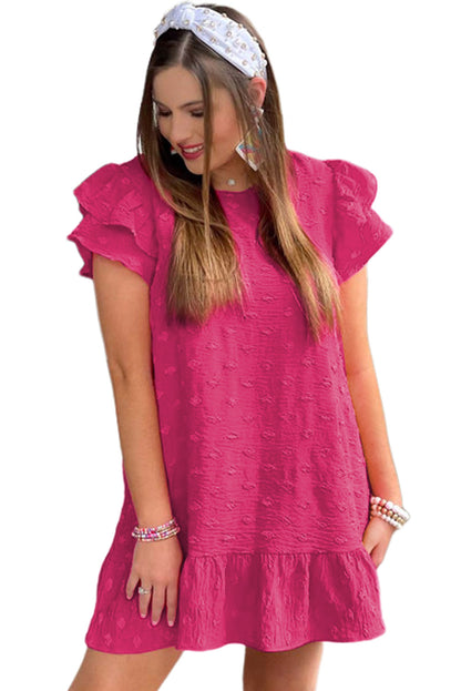 Strawberry Pink Plus Size Swiss Dot Short Ruffle Sleeve Mini Dress - Eloy Royal