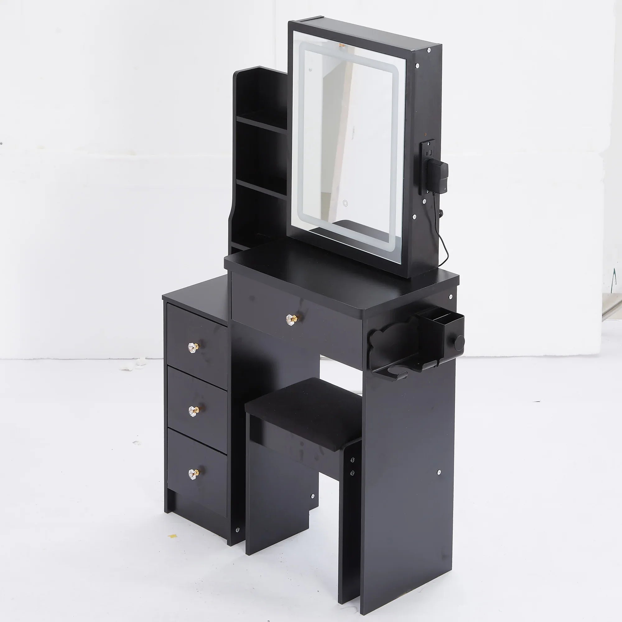 29.2' Small Size Left Bedside Cabinet Vanity Table + Cushioned Stool, 2 AC+2 USB Power Station, Hair dryer bracket, Extra Large Touch Control Sliding LED Mirror, Tri-color Switching, Brightness Adjust - Eloy Royal
