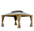 12'x16' Hardtop Gazebo Outdoor Aluminum Wood Grain Gazebos with Galvanized Steel Double Canopy for Patios Deck Backyard,Curtains&Netting (Wood-Looking)