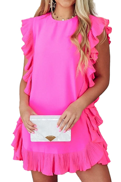 Bright Pink Ruffle Trim Short Sleeve Mini Dress - Eloy Royal