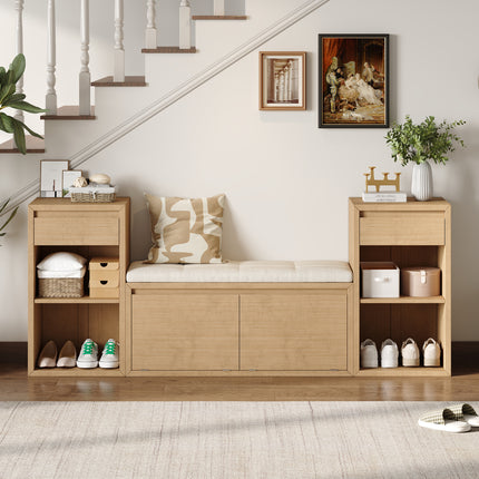 TREXM All-in-One Entryway Storage Bench with Cushion, Compartments, Drawers & Open Shelves, Storage Bench for Hallway, Mudroom, Living Room(Brown)