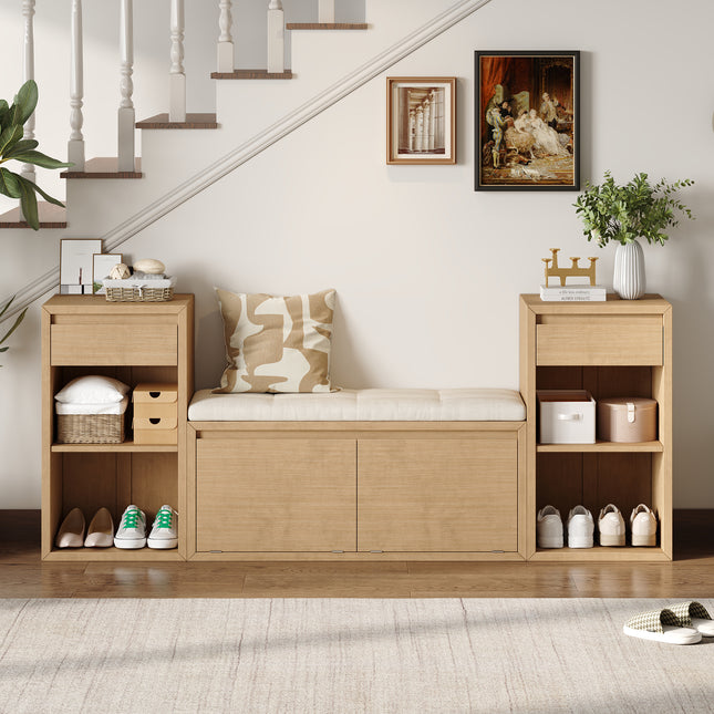 TREXM All-in-One Entryway Storage Bench with Cushion, Compartments, Drawers & Open Shelves, Storage Bench for Hallway, Mudroom, Living Room(Brown)