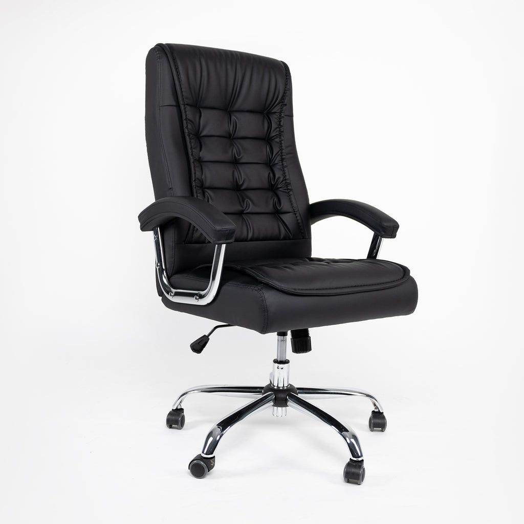 Executive Office Chair High Back PU Leather Desk Chair with Spring Seat Cushion, Ergonomic Swivel Computer Chair with Chrome Armrests, 350lbs Capacity for Home Office,Black