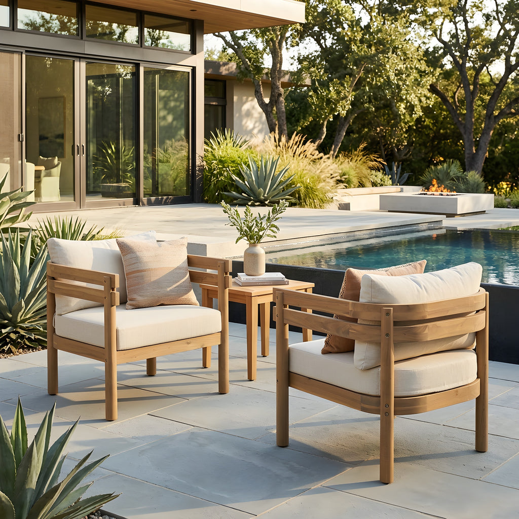 Light Brown Acacia Wood Outdoor Club Chairs Set of 2 with Beige Water Repellent Fabric Cushions, Patio Armchairs for Backyard Porch