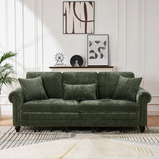 86' King Pull Out Sofa Bed, 3 in 1 Convertible Sleeper Sofa,Modern 3 Seat Couch with Nailhead Trim & Rolled Arm for Living Room, Apartment, Office, Green Chenille