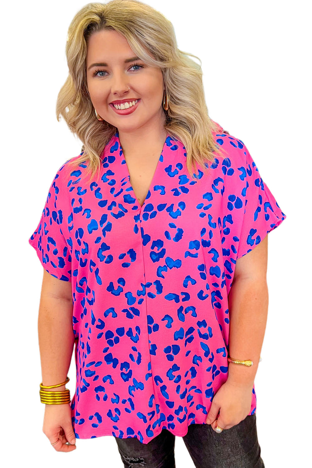 Rose Contrast Leopard Print Plus Size V Neck Blouse - Eloy Royal