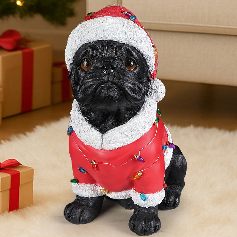 Christmas Pug Statue, Holiday Dog Figurine in Santa Outfit