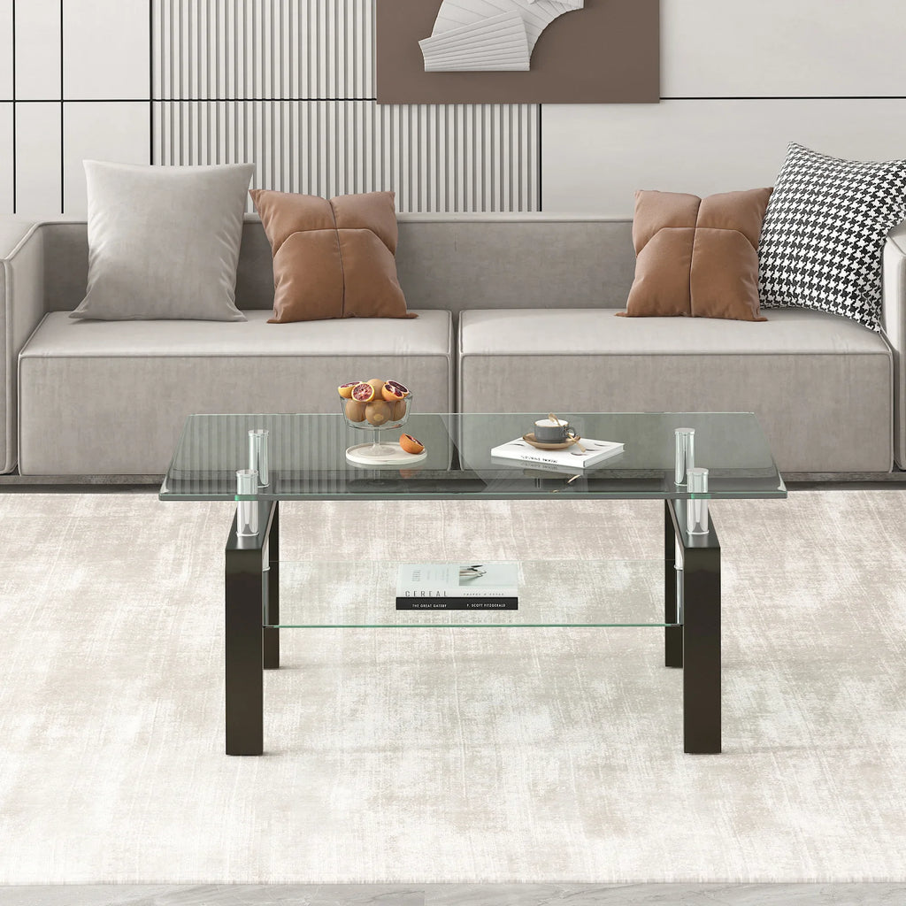 Modern Tempered Clear Glass Coffee Table with 2-Layers and Waterfall Edges for Living Room - Eloy Royal