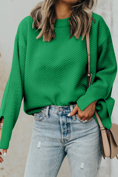 Dark Green Textured Knit Split Cuff Drop Shoulder Loose Sweater