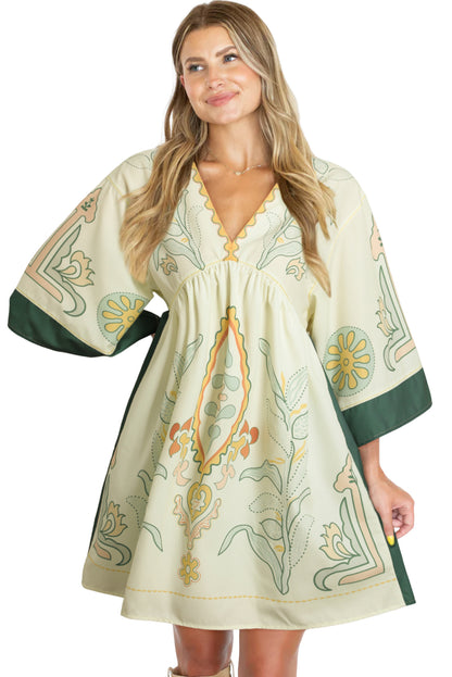 Multicolor Boho Floral V Neck Bell Sleeve Dress - Eloy Royal