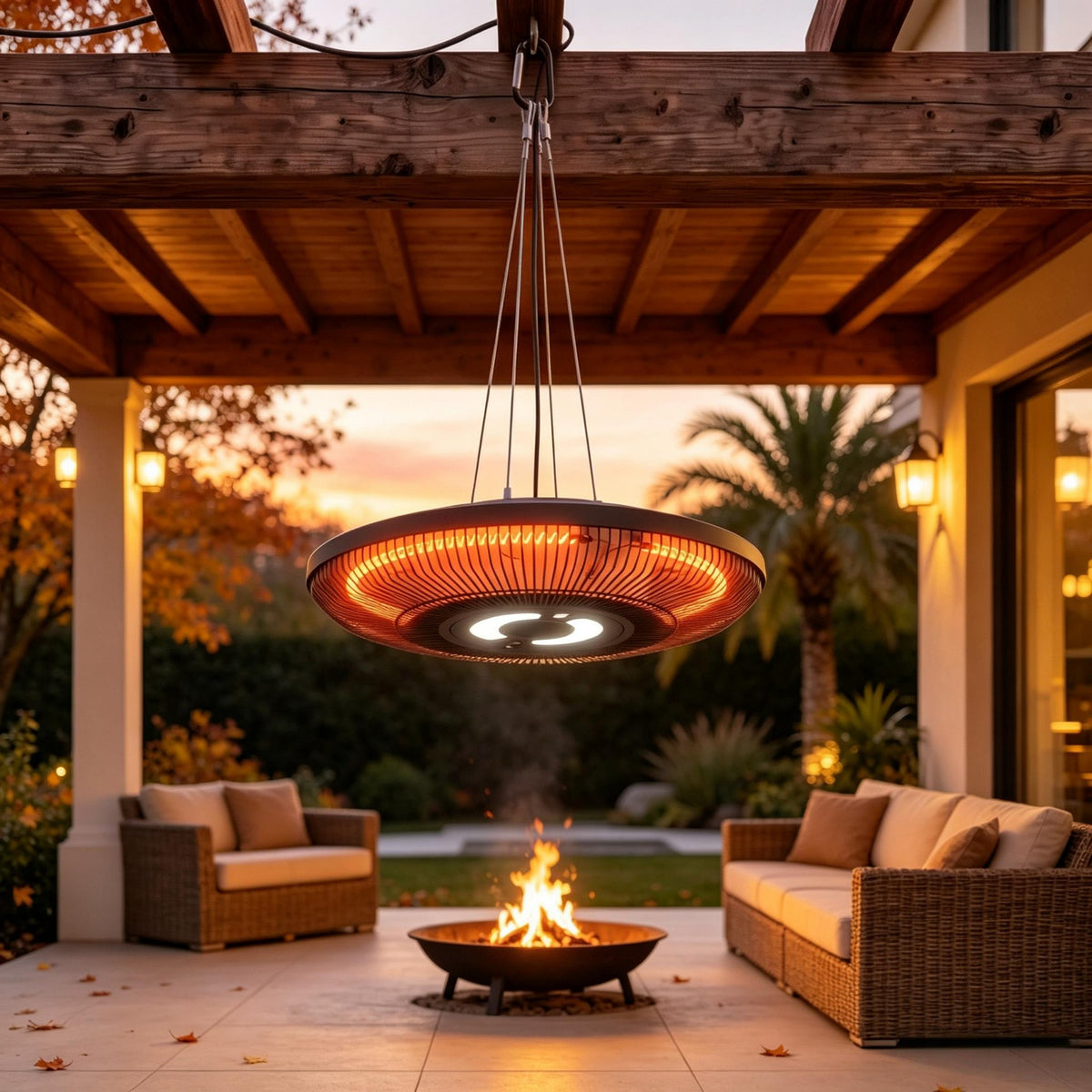 Ceiling Mounted Electric Infrared Patio Heater with LED Light, 750‑1500W IP65 Waterproof Hanging Outdoor Heater for Covered Outdoor Spaces