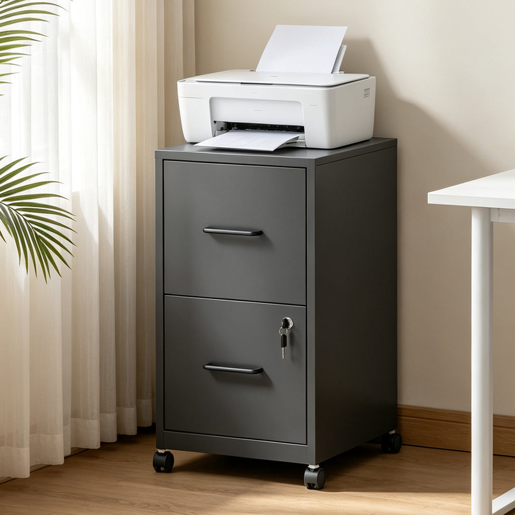 2 Drawer Lockable Metal File Cabinet WIth Wheel, Vertical Under Desk Steel Filing Cabinet with Wall Anti-Tip Kit, Heavy Duty Office Storage Cabinet for Letter/Legal Size Files, Black