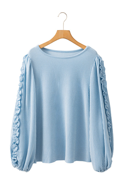 Mist Blue Corded Frill Detail Puff Sleeve Top