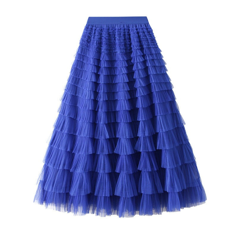 A-Line Mesh Ruffle Skirt Women's Temperament Sweet Long Skirt Slim Cupcake Dress Womens Clothing.