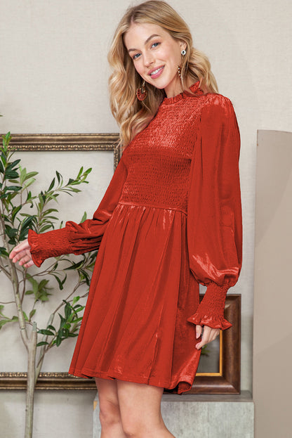 Rose Red Smocked Lantern Sleeve Frilled Velvet Dress