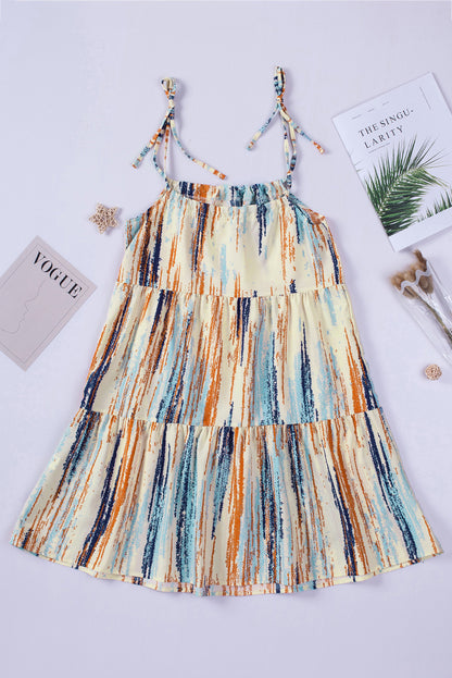 Multicolor Abstract Print Tie Shoulder Spaghetti Strap Tiered Dress - Eloy Royal