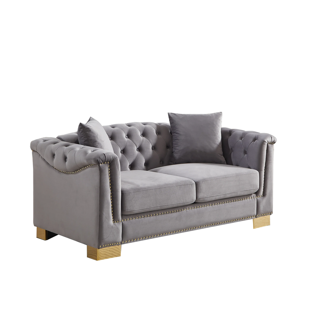 {Video] Classic Modern Style Sofa, 62-inch Chesterfield Classic Rolled Arm Tucked-in Nailhead Decor Cloud Two-Seater Velvet Sofa, Luxury Double Sofa Suitable for Living Room, Bedroom, Apartment, Grey - Eloy Royal