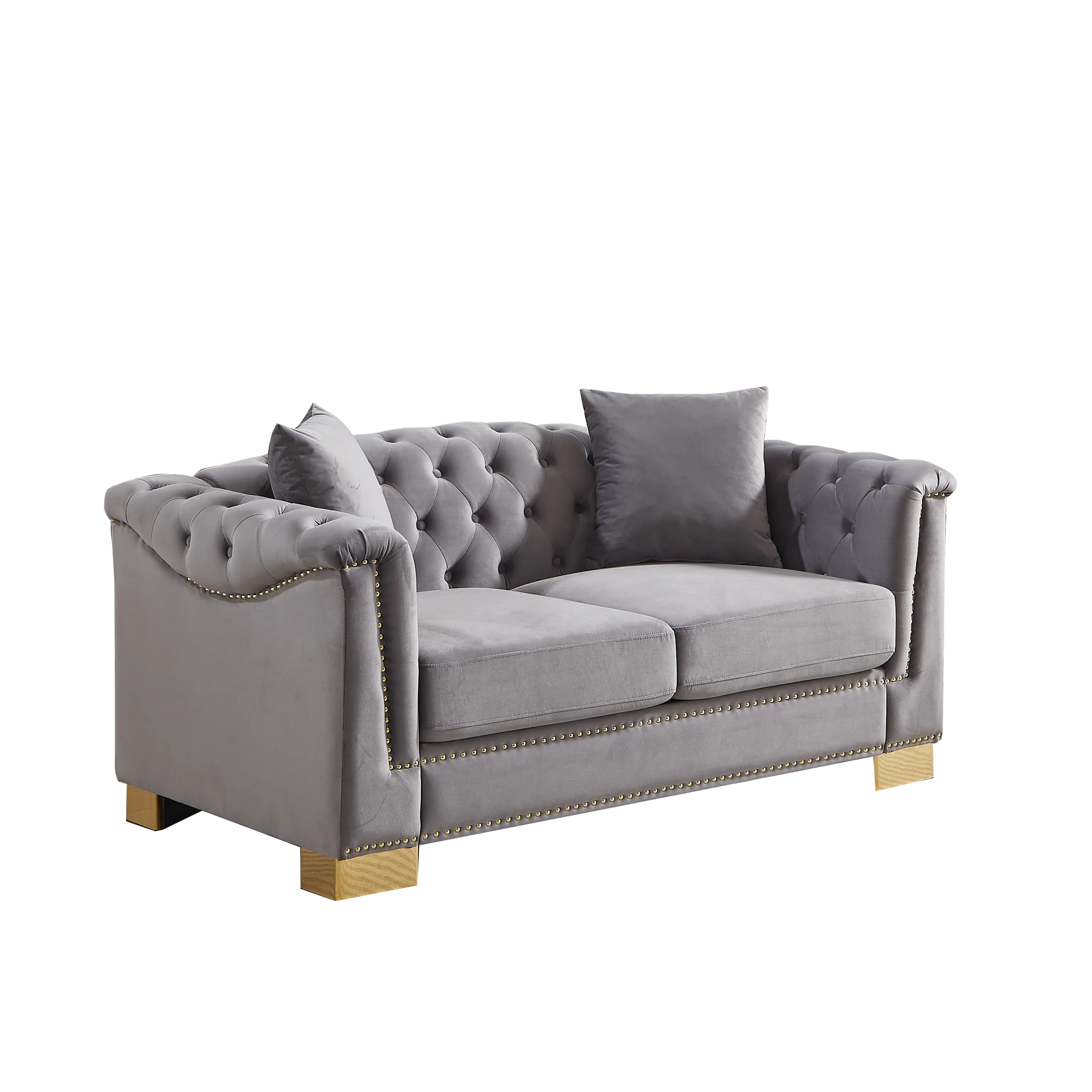 {Video] Classic Modern Style Sofa, 62-inch Chesterfield Classic Rolled Arm Tucked-in Nailhead Decor Cloud Two-Seater Velvet Sofa, Luxury Double Sofa Suitable for Living Room, Bedroom, Apartment, Grey - Eloy Royal