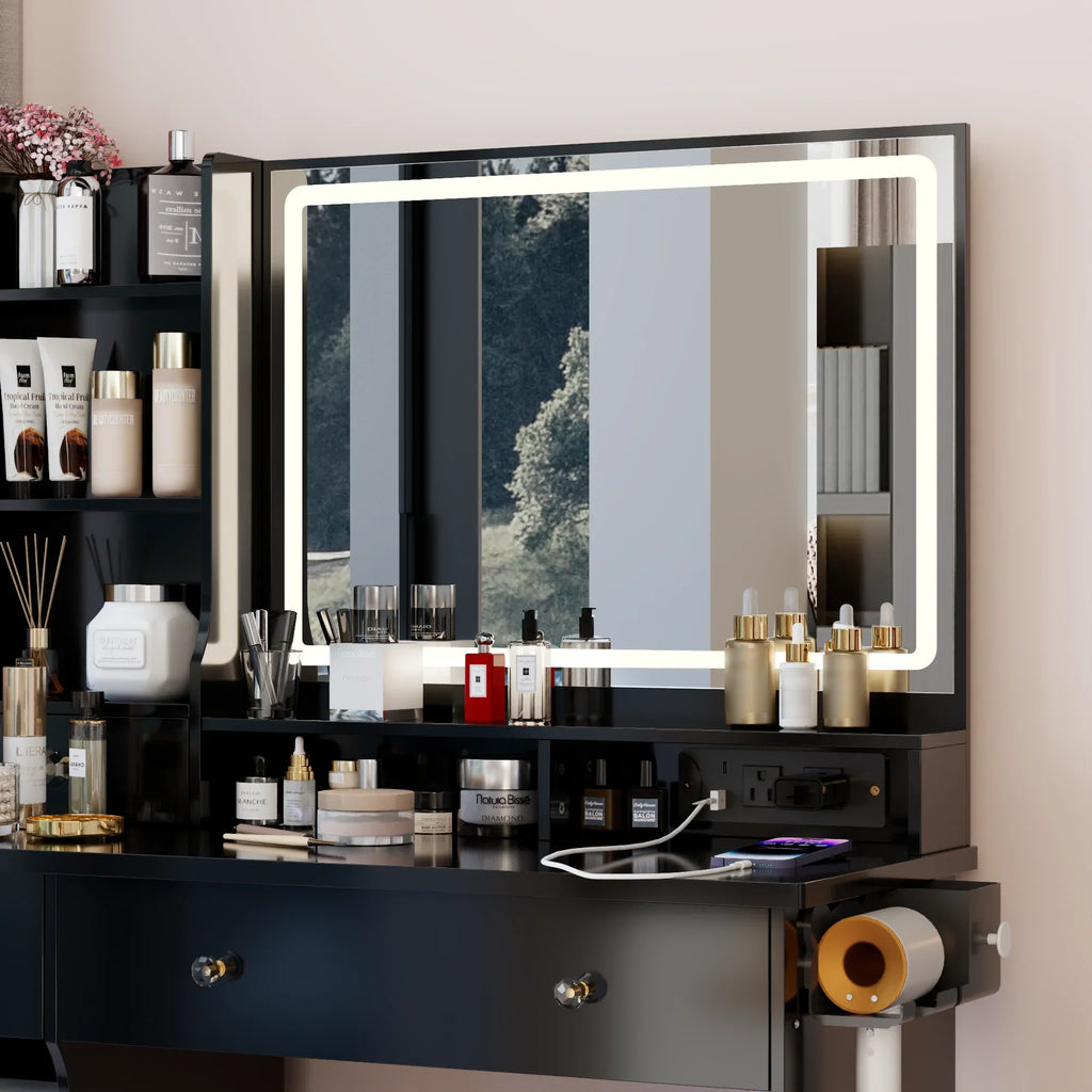 41' Large Size Left Drawer Desktop Vanity Table+Cushioned Stool Dresser Set, 2 AC+2 USB Power Station, Hair Dryer Stand, Extra Large Touch Control LED Mirror, 3-color Switch, EPA, GCC, UL Certificate - Eloy Royal