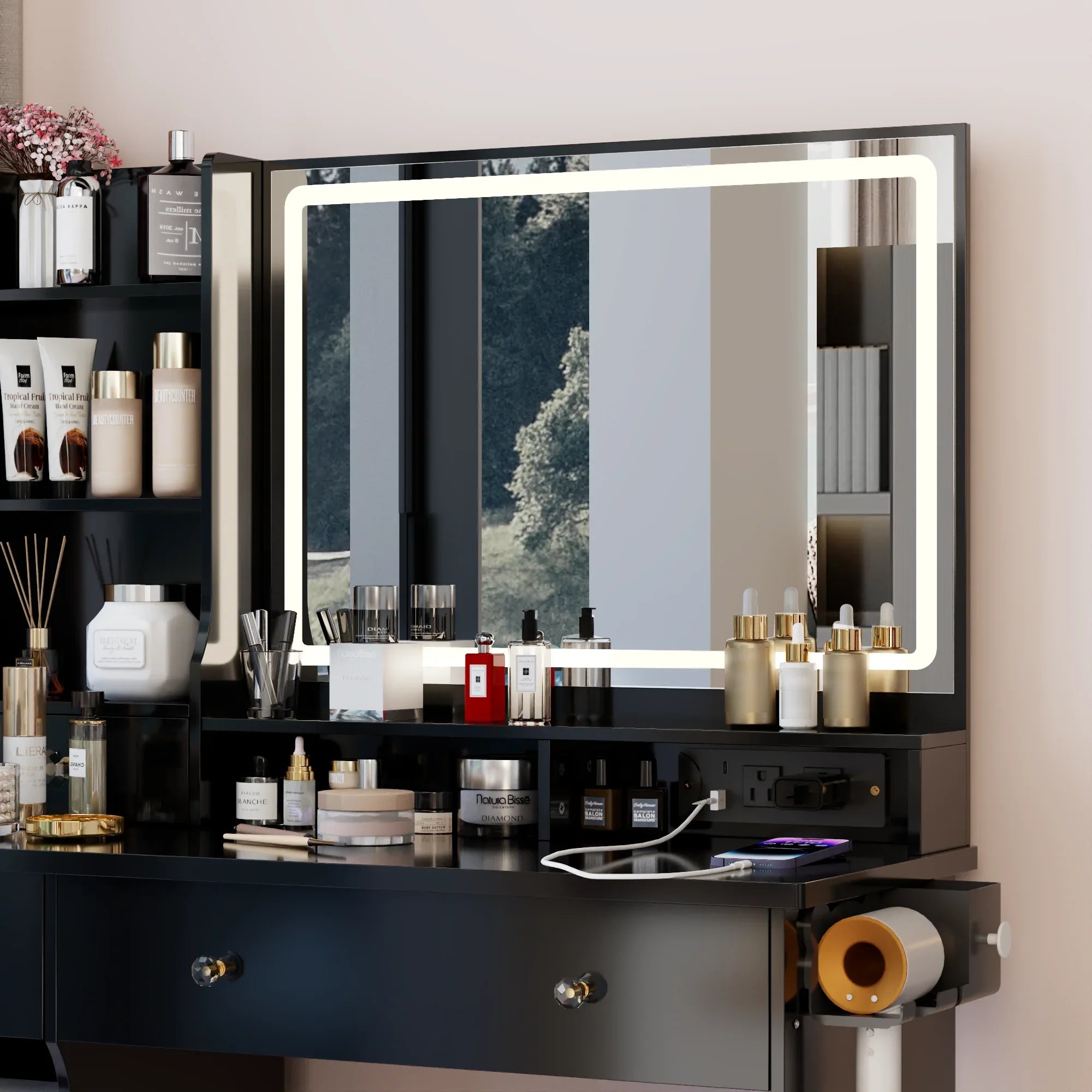 41' Large Size Left Drawer Desktop Vanity Table+Cushioned Stool Dresser Set, 2 AC+2 USB Power Station, Hair Dryer Stand, Extra Large Touch Control LED Mirror, 3-color Switch, EPA, GCC, UL Certificate - Eloy Royal