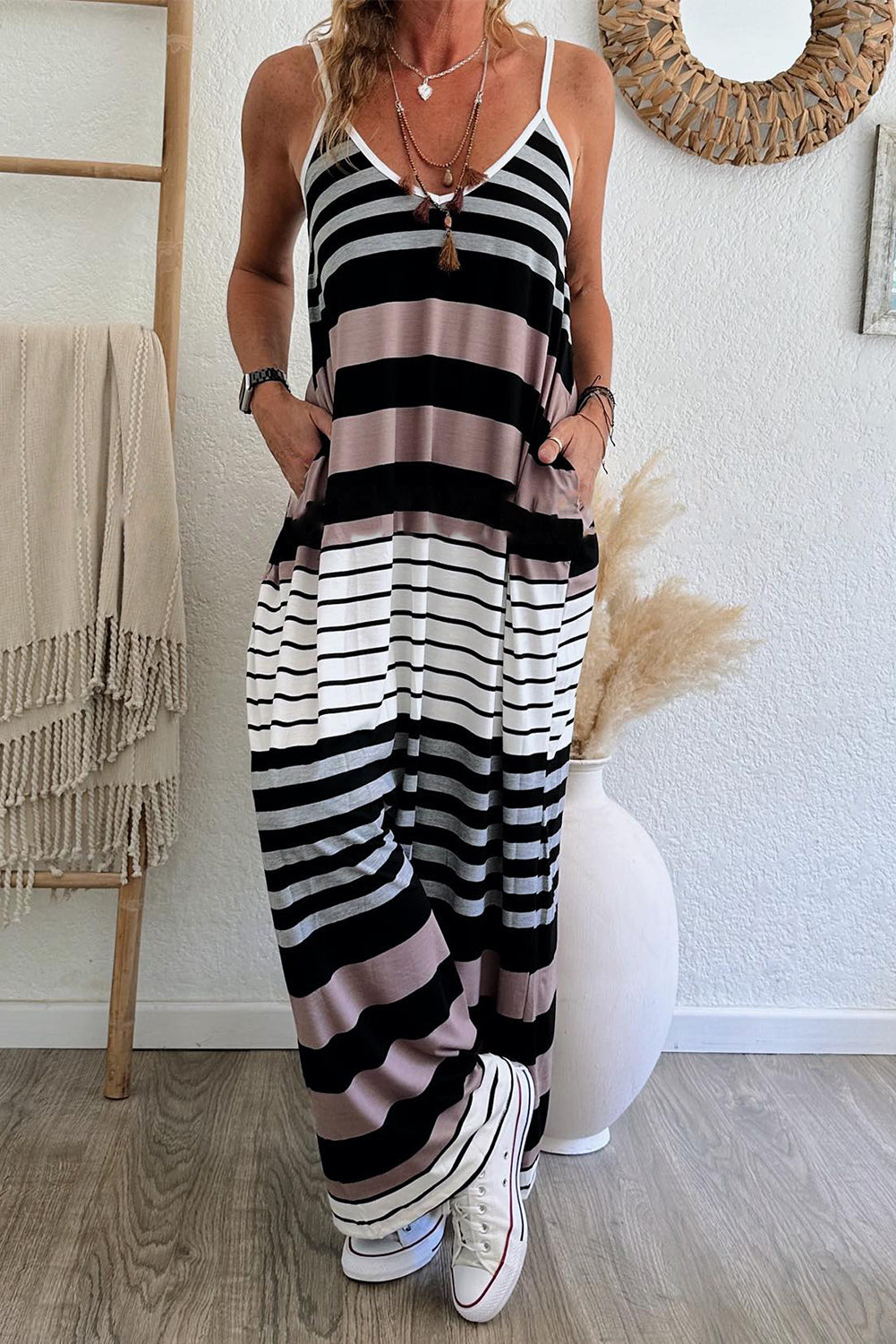 Multicolour Stripes Spaghetti Straps V Neck Maxi Dress - Eloy Royal