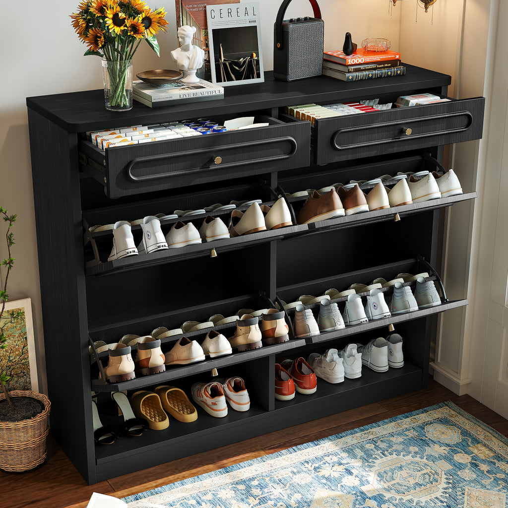 Wooden Shoe Cabinet with 4 Flip Drawers,Shoes Rack Cabinet with 2 Storage Drawers,Classified Storage and Farmhouse Style, Black