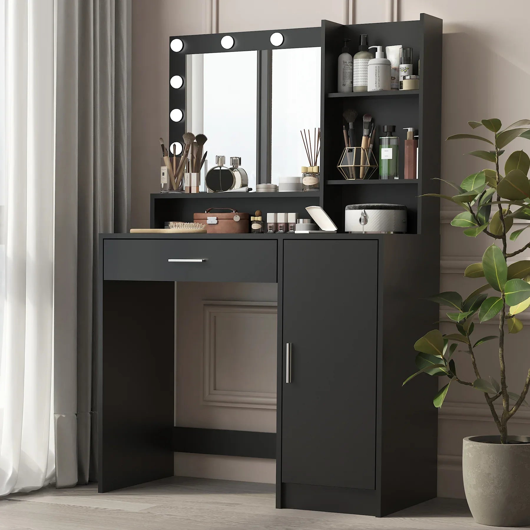 Vanity Desk with Mirror & Light, Large Drawer Three Level Storage Dresser, 3 Lighting Modes Adjustable Brightness, Bedroom Dressing Table(black) - Eloy Royal