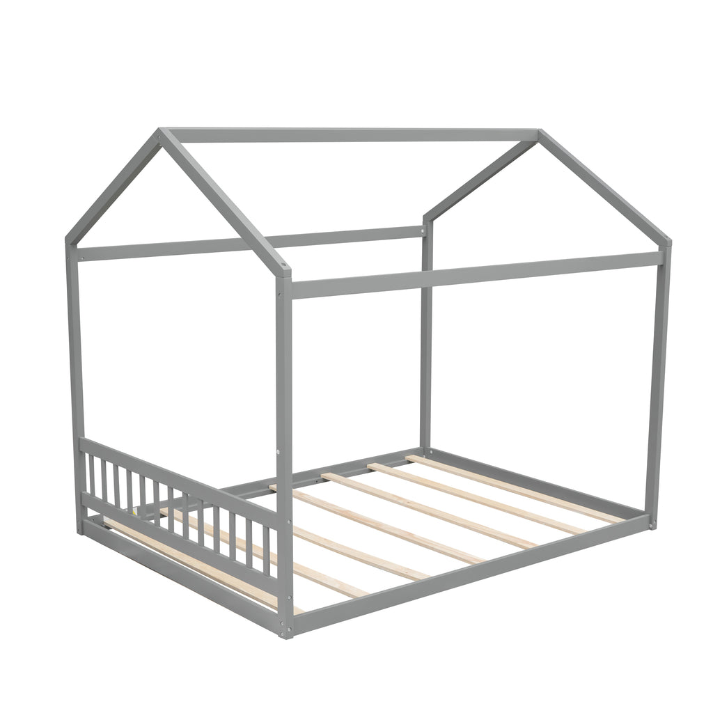 Gray Queen Size Wooden House Bed with Headboard, Pine Wood and MDF, 82.7''L x 63''W x 70.9''H