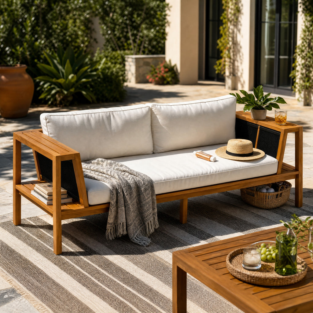 Teak Finish Acacia Wood Outdoor Daybed Sofa Set with Black Woven Rope & Cream Water Resistant Cushions, 800 LBS Weight Capacity, 2-Seater Patio Bench for Garden Pool Backyard