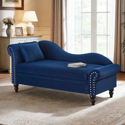 64.5'' Modern Velvet Chaise Lounge,Lounge Sofa with Storage for Bedroom, Living Room and Office , Lounge Chair with Left Armrest  Lumbar Pillow,Round Armrest with Silver Nails Decoration,Navy Blue