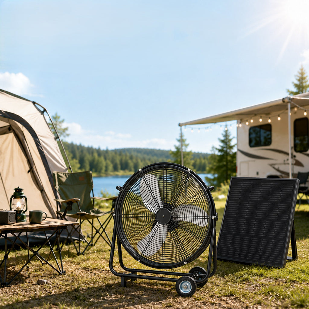 24 Inch Solar floor-standing fan,140W Adjustable Solar Panel,3-Speed Remote Control 130W DC Brushless Mobile Vent Fan for Warehouse,Workshop,Camping & Greenhouse