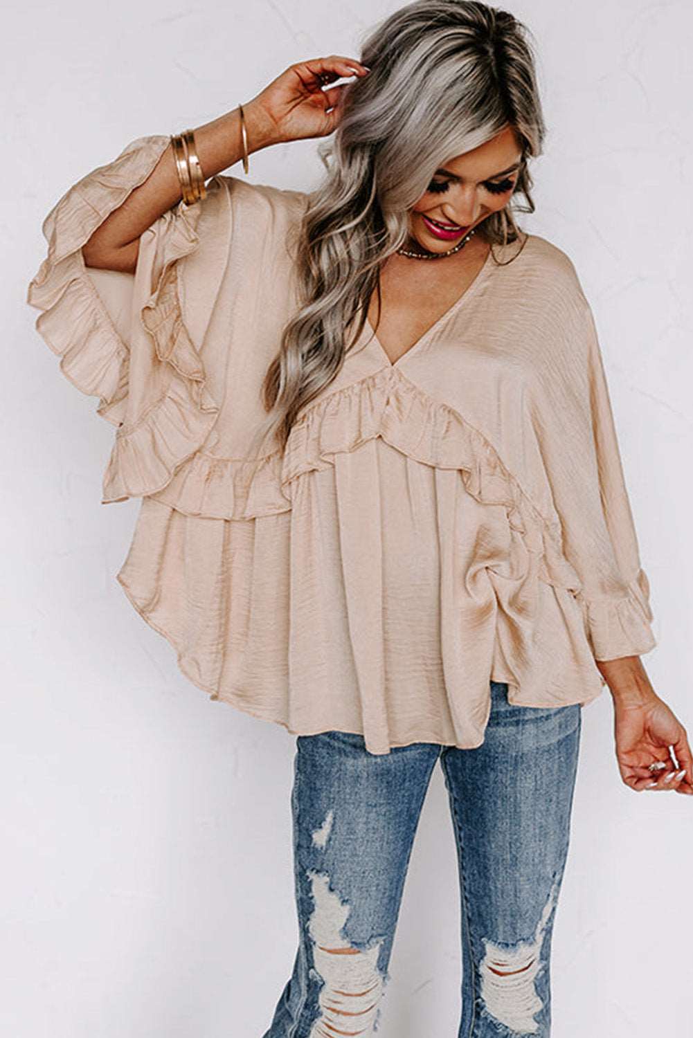 Apricot V Neck Draped Batwing Sleeve Ruffle Top