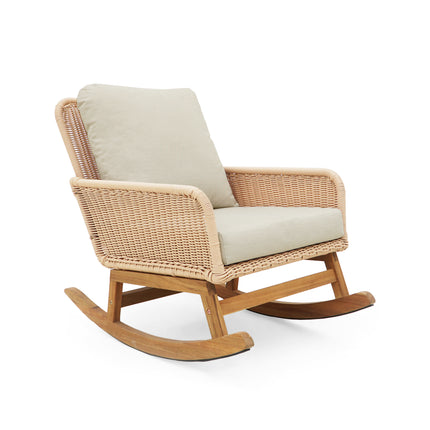 Contemporary Minimalist Beige Wicker Rocking Chair with Soft Polyester Cushions and Wooden
