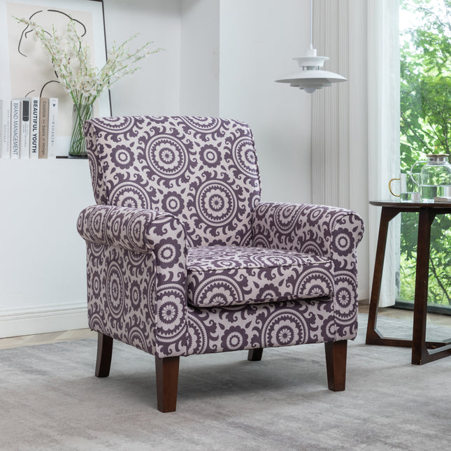 Traditional Rolled Arm Armchair, Solid Birch Wood Frame with Tapered Brown Legs, Polyester Blend Printed Cloth Upholstered Chair with Foam Filled Seat for Living Room Office
