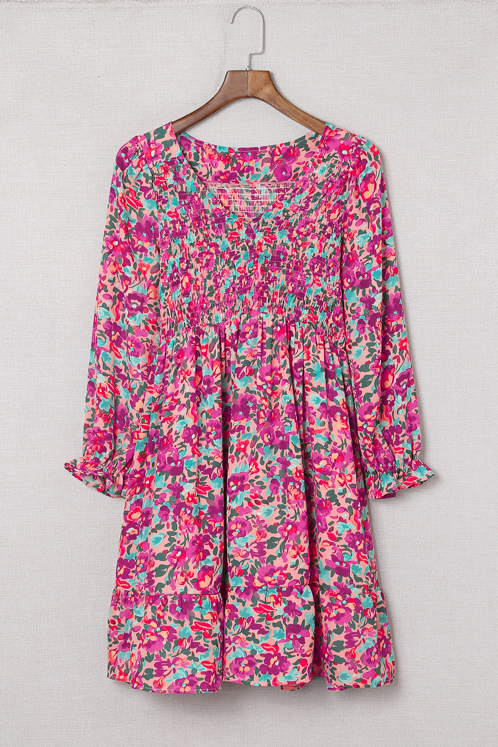 Purple Floral Print Long Sleeve Flounce Hem V Neck Smocked Dress - Eloy Royal