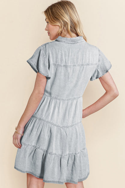 Bonbon Mineral Washed Ruffle Sleeve Tiered Chambray Dress - Eloy Royal