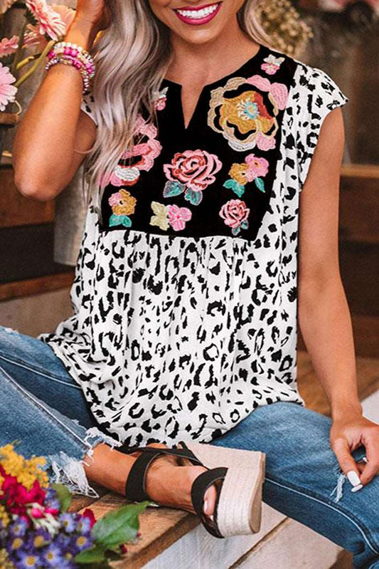 Black & White Animal Print Flower Embroidered Tunic Short Sleeve Top