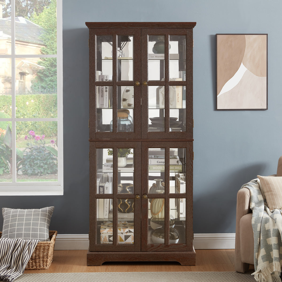 Curio Display Cabinet, Antique Display Cabinet with Glass Doors Adjustable Shelves for Collectibles Four Door Design Vintage Showcase for Home or Office Antique Display Case E26 Bulb Included CHE