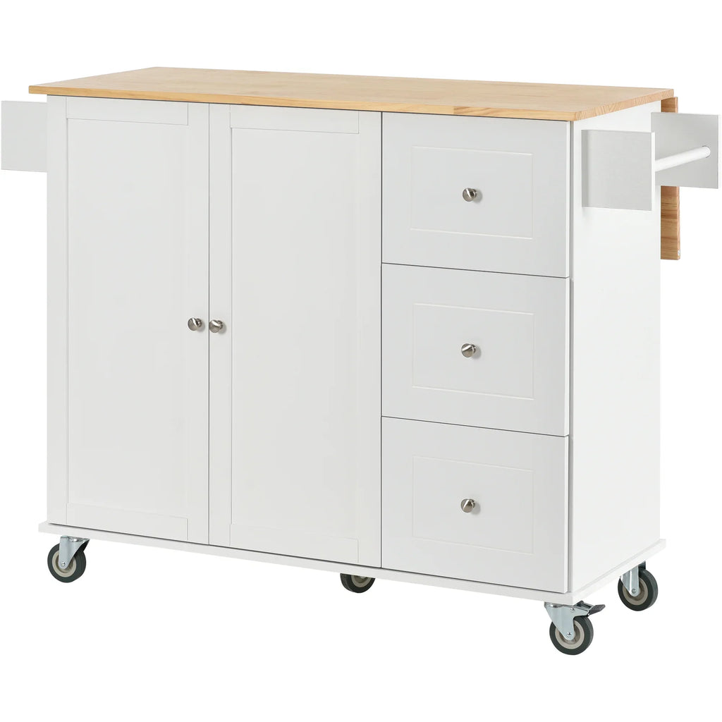 Rolling Mobile Kitchen Island with Solid Wood Top and Locking Wheels,52.7 Inch Width,Storage Cabinet and Drop Leaf Breakfast Bar,Spice Rack, Towel Rack & Drawer (White) - Eloy Royal
