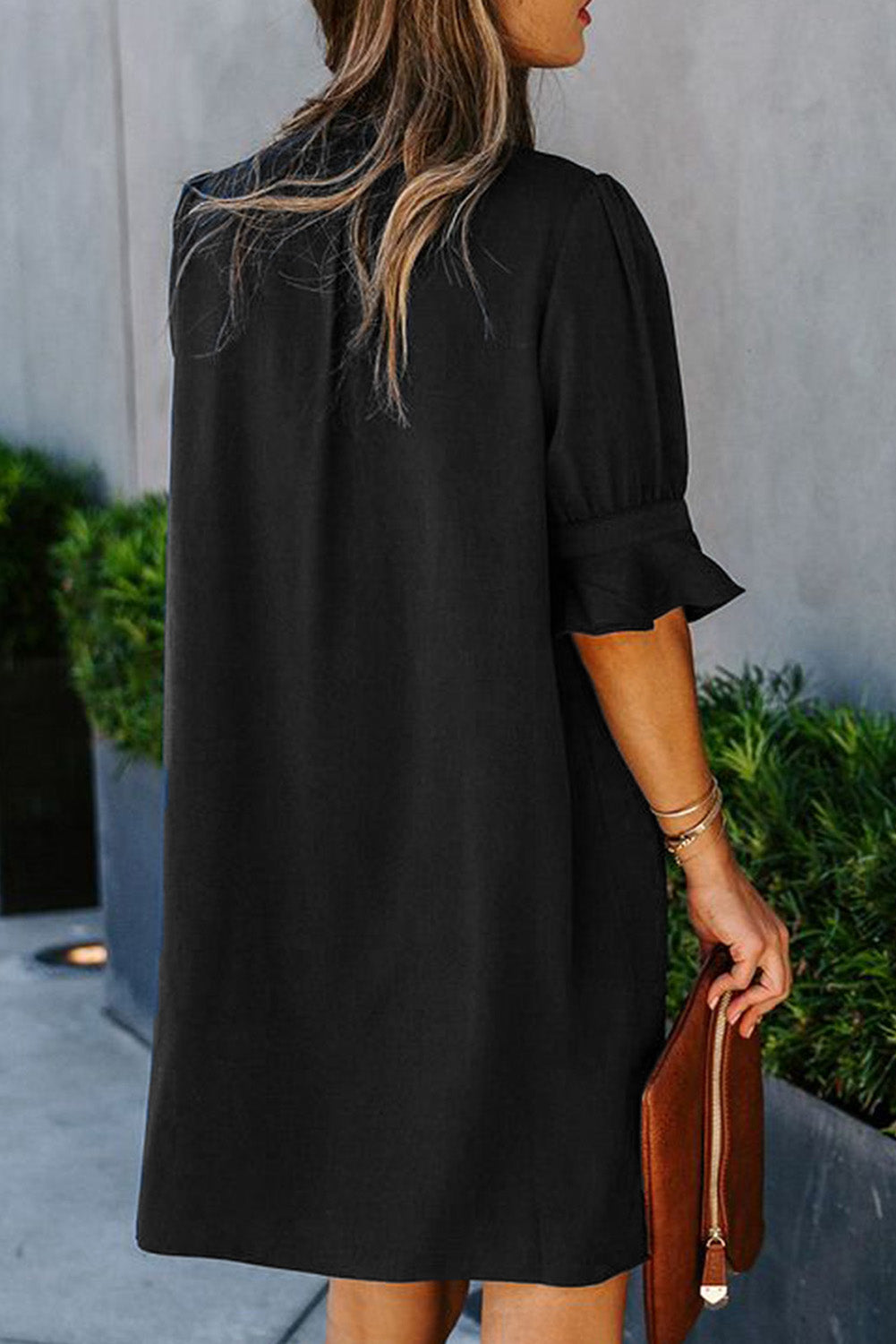 Black Split V Neck Short Sleeve Casual Tunic Dress - Eloy Royal