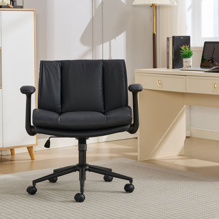 'with Flip-Up Armrests Leather, Cross Legged Office Chair on Wheels, Comfy Swivel Chair with Wide Seat for Home Office, Vanity,  Ergonomic Desk Chair Adjustable, Black'