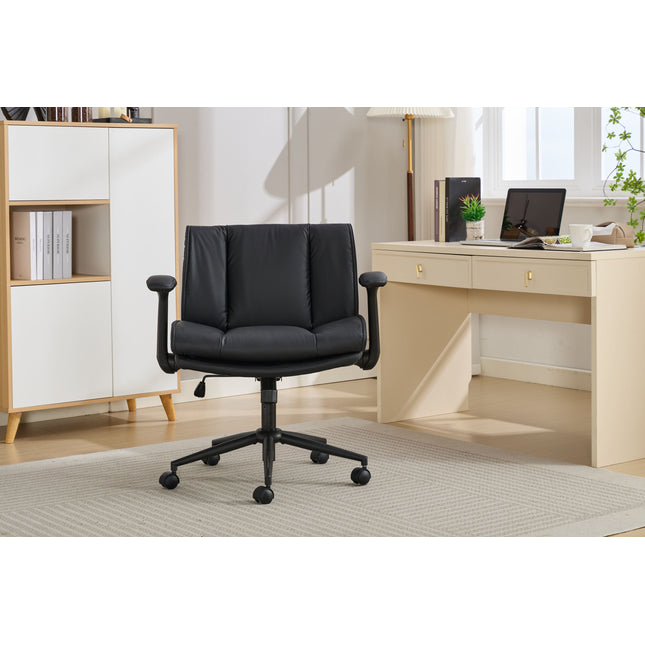 'with Flip-Up Armrests Leather, Cross Legged Office Chair on Wheels, Comfy Swivel Chair with Wide Seat for Home Office, Vanity,  Ergonomic Desk Chair Adjustable, Black'