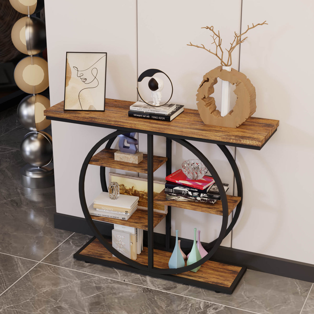 Industrial Double Round Frame Storage Shelf, 41.3in Multi-Tier Rustic Wood Display Rack, Freestanding Decor Organizer Stand for Living Room Bedroom Balcony Plant & Ornament Storage