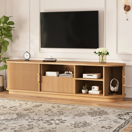 Vintage Rustic TV Stand with Sliding Wood Slatted Doors for TVs up to 75', Farmhouse Fluted TV Cabinet with Drawer, Wood Grain Media Console with Cable Management for Living Room, Bedroom, Natural