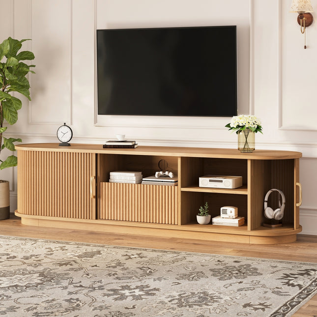 Vintage Rustic TV Stand with Sliding Wood Slatted Doors for TVs up to 75', Farmhouse Fluted TV Cabinet with Drawer, Wood Grain Media Console with Cable Management for Living Room, Bedroom, Natural