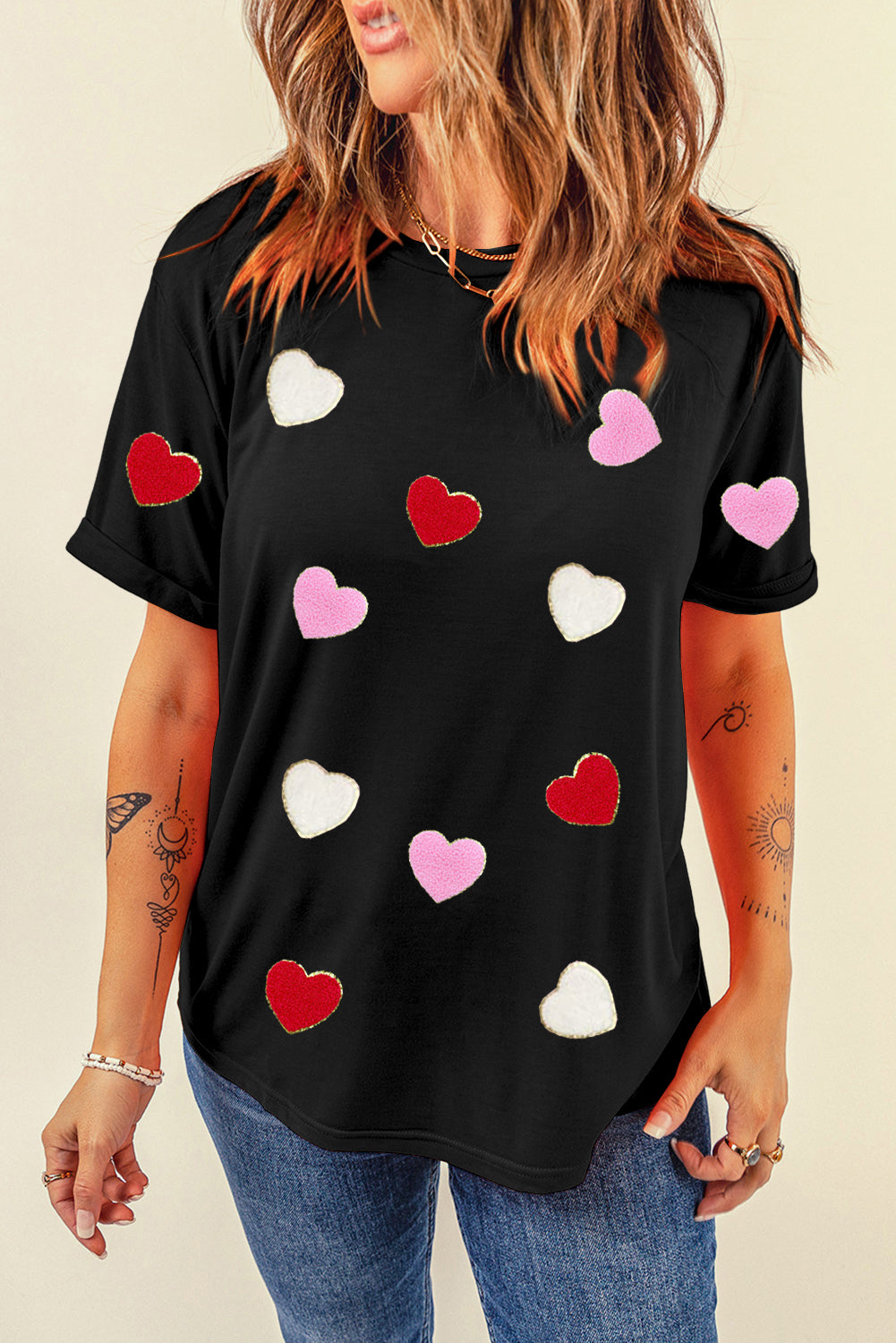 Black Valentines Chenille Heart Patched Pattern Crewneck Tee